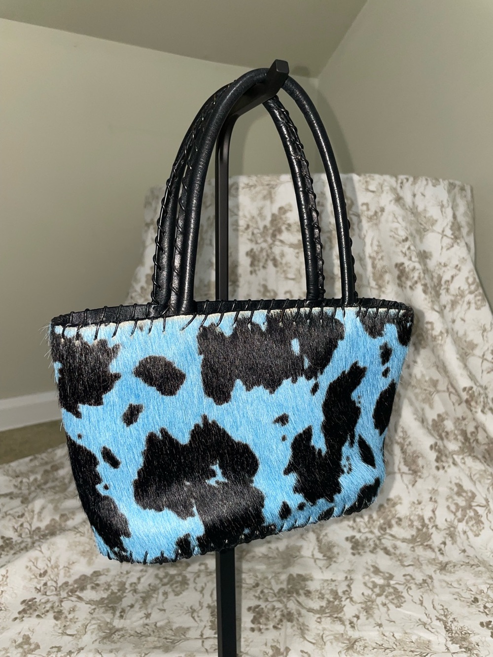 Blue and Black Cow-Print Mini Tote Bag.